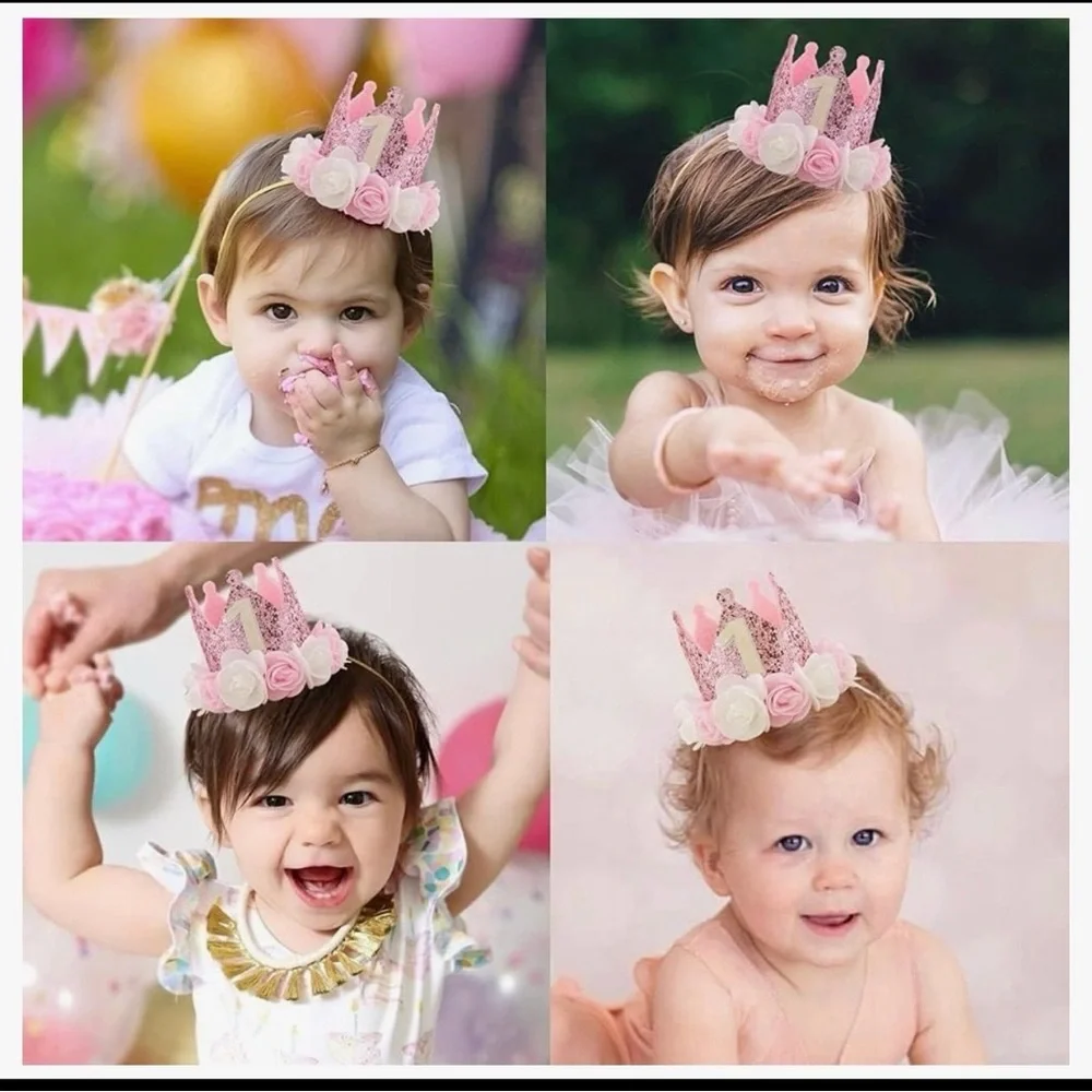 Pink Glitter 1st Birthday Crown with Roses